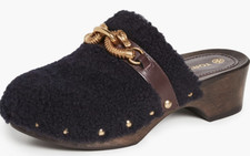 Tory Burch Jessa Clog Shearling Equestrian Gold Logo Plum Leather Trim 7 NIB