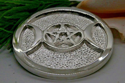 Triple Moon Pentagram Altar Tile Silver Plated Over Solid Brass 3" Wicca. Witch - Picture 3 of 4