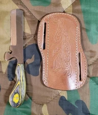 3in Bullcuter Knife With Leather Sheath And Gray And Yellow Wood Handle