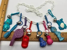 Vtg Charm Necklace 1980’s 8 Charms Clip Bell Charms White Chain Plastic Chicken