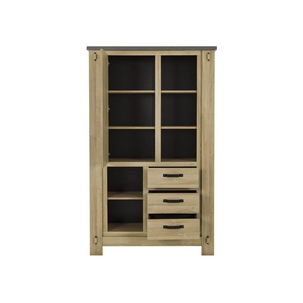 Buffet haut BROCELIANDE chêne clair, vaisselier 1 porte 3 tiroirs pour salon