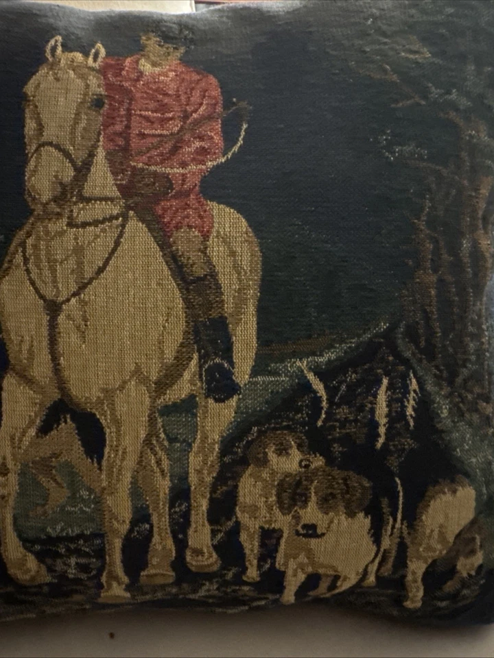 Vintage embroidered Pillow Of Hunter On Horse With Dogs “Fox Hunt” 17” USA - Image 2 of 4