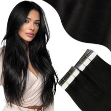 Moresoo Tape in Weft Hair Extensions Human Hair 16 Inch Jet Black 1B Real Human