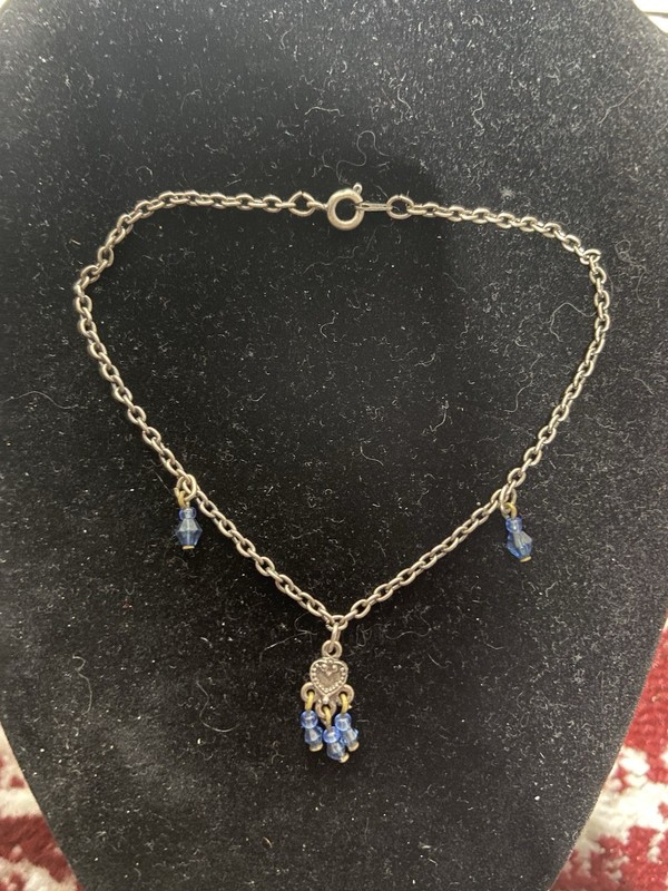 Pewter Tone Heart Tassel Shaker Anklet Y2K Boho Periwinkle Blue Beaded Charm