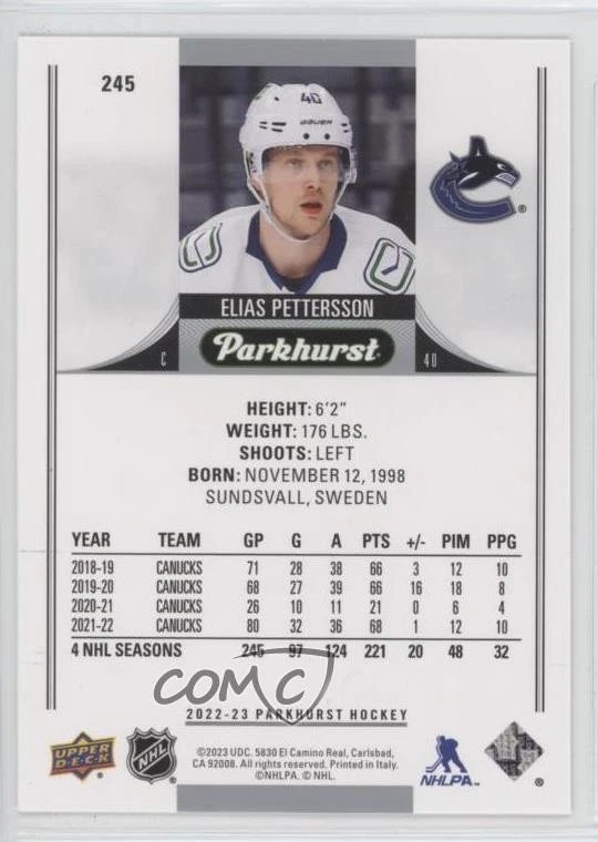 2022-23 Upper Deck Parkhurst Stars Gold Foil Elias Pettersson #245 - Image 2 of 2
