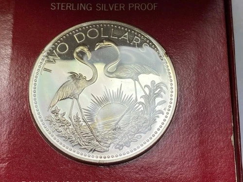 1974 BAHAMAS Islands TWO FLAMINGOS PROOF Silver 2-Dollar Coin Boxed w-COA