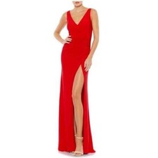 NEW Ieena For Mac Duggal Red Faux Wrap Thigh High Slit Ruched V-Neck Gown Size 4
