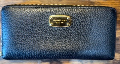 Michael Kors Wallet Black Zip Around Continental Pebbled Leather Gold Logo Women