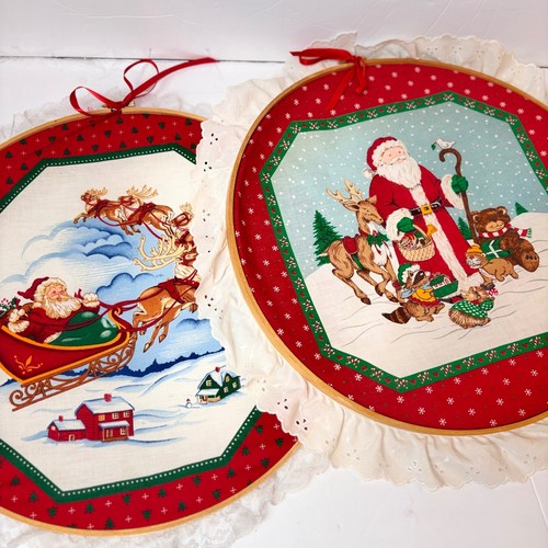 Vintage Christmas Santa Hoop Hanging Set of 2 Eyelet Lace CottageCore Christmas