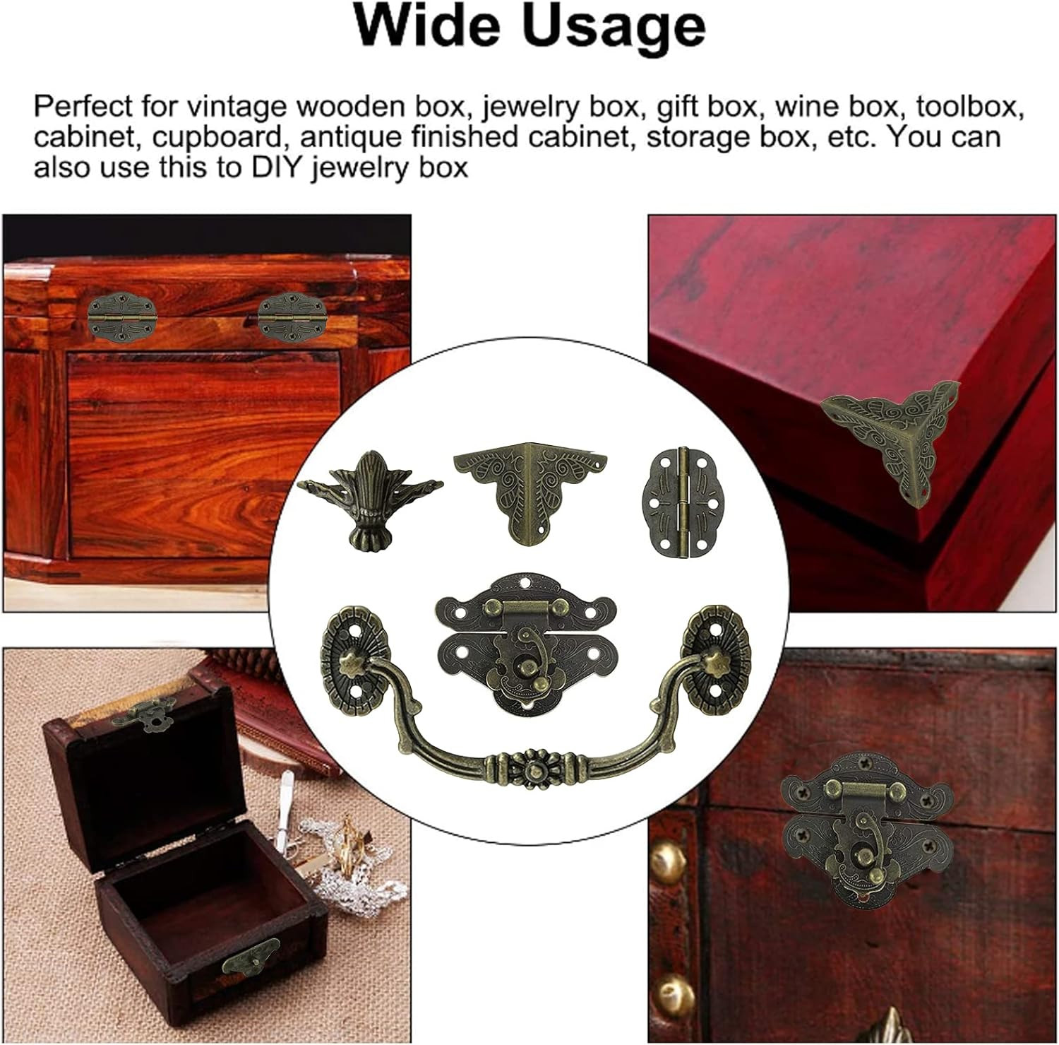 Antique Bronze Jewelry Box Hardware Kit Lock Hasp Hinges Handle Feet Corners