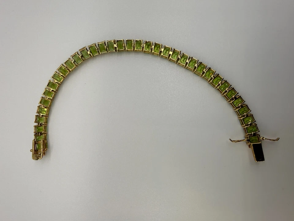 Elegant Green Peridot Tennis Bracelet Emerald Cut Gemstones 18K Gold over Silver - Image 3 of 4