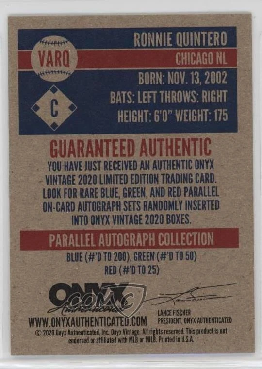 2020 Onyx Vintage Auto Red Ink /25 Ronnier Quintero Ronnie Quintero #VARQ Auto - Image 2 of 2