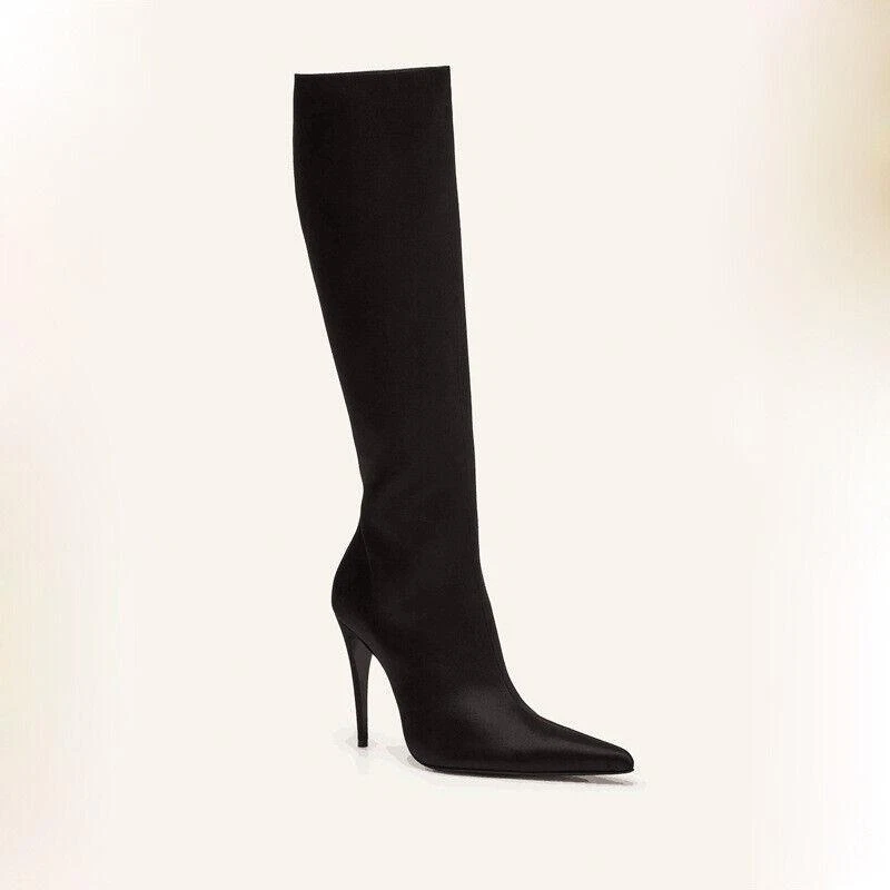 Plus Size Satin Pointed Toe Stiletto Heels Knee High Boots Women Side Zip Shoes - Imagem 4 de 4