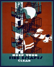 POSTER KEEP YOUR FIRE ESCAPES CLEAR BUILDING SAFETY VINTAGE REPRO FREE S/H