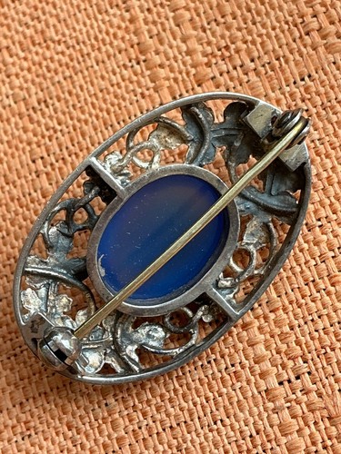 Vintage Silver Sterling Brooch, Bernard Instone Blue Agate Arts & Crafts Flowers - Picture 9 of 9