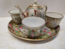 7 Piece Vintage Chinese Red Stamp Ceramic Child's Tea Set ~ Finely Hand-Painted