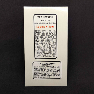 TECUMSEH ENGINE SERVICE DECALS, Vinyl STICKERS for Mini Bike, Go Kart, Mower