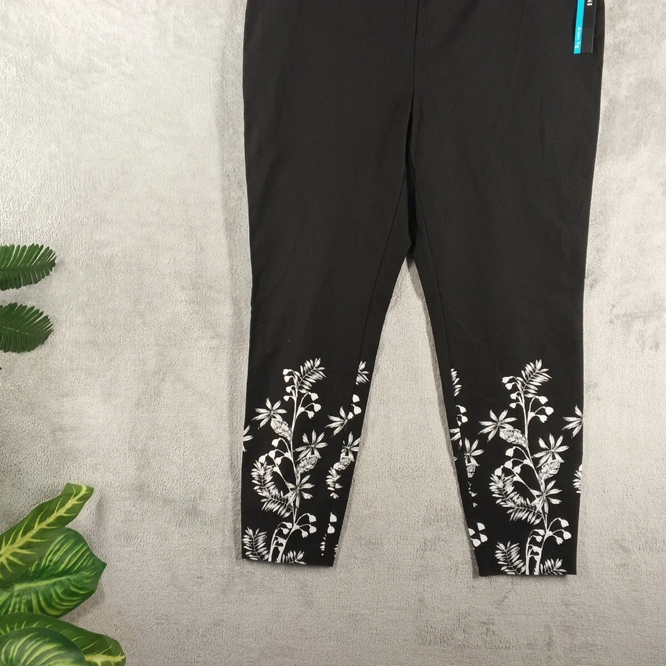 全新带标签 89 美元 ALFANI 紧身花卉印花裤子 16 码舒适腰黑色拉链门襟 — 第 2/4 张图片