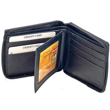 Mens Genuine Leather Zip Secure Zipper Around Wallet Black Billfold Credit Card