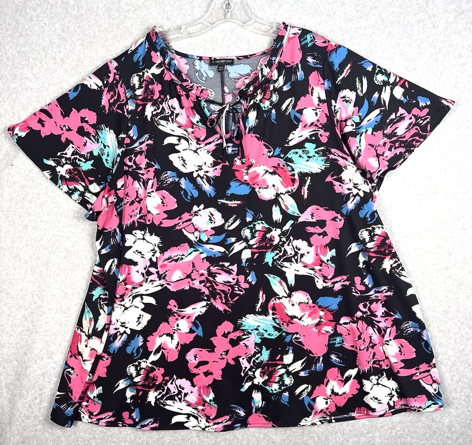 Blusa Lane Bryant para mujer 22/24 negra floral cuello atado manga corta plus top Foto 2 de 4