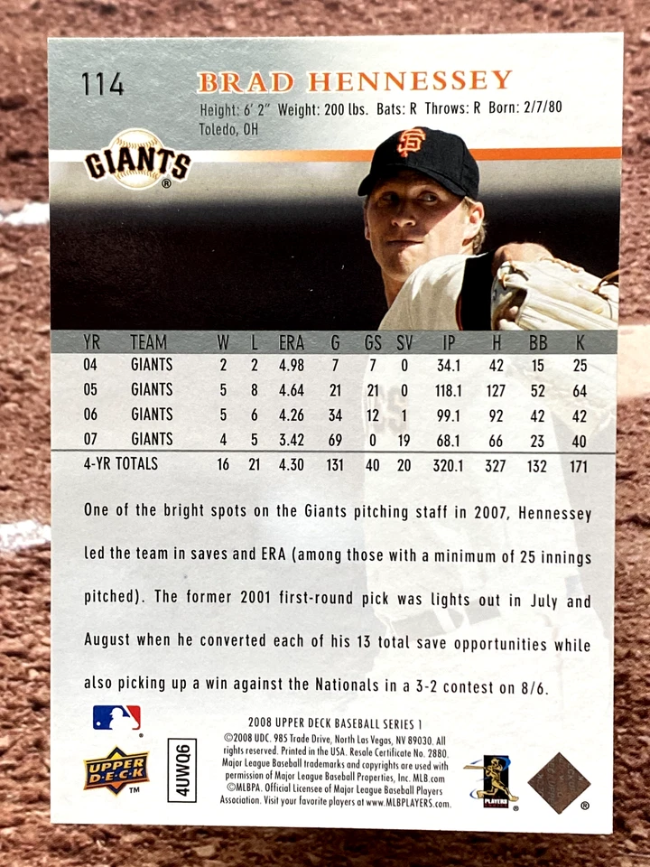 2008 Upper Deck Brad Hennessey #114 San Francisco Giants - Image 2 of 2