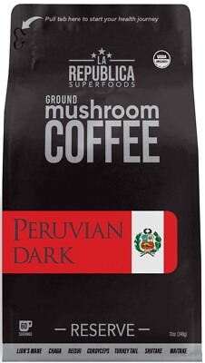 La Republica Organic RESERVE Peruvian Dark Ground Mushroom Coffee - 60 Serving