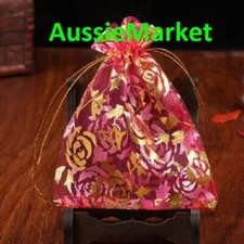 20 x organza gift bags pouch fuchsia pink gold rose floral print craft jewellery