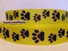 Grosgrain Ribbon Black Paw Prints on Bright Yellow Dogs Animals Rescue 7/8" Wide