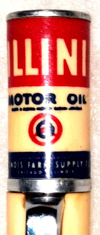 "ILLINI MOTOR OIL"CAN TOPPER"FS*Cecil Hayslett Milford, ILL" Working Mech Pencil