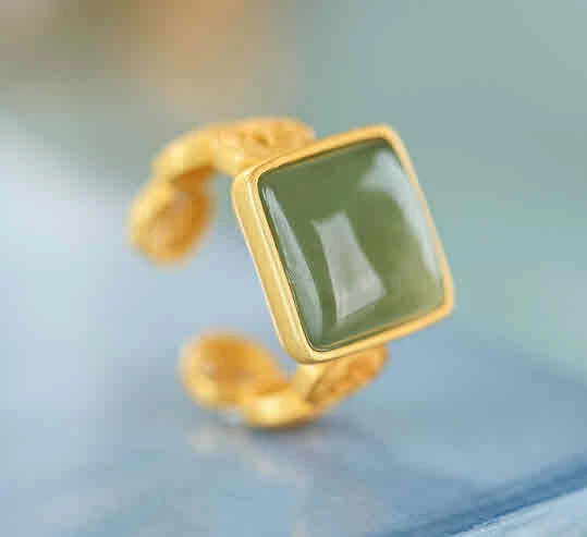 B23 Anello Giada Verde Quadrato Mulinello Ruota 925 Sterling Placcato Oro Aperto - Immagine 3 di 4