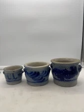 Trio of Salt Glaze Stoneware Crocks in Graduated Sizes Cobalt and Gray