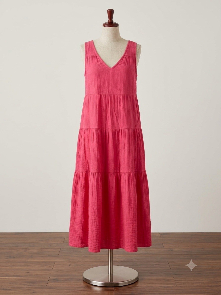 Quince Organic Cotton Gauze Tiered Midi Dress Sz L Pink Boho Summer Beach