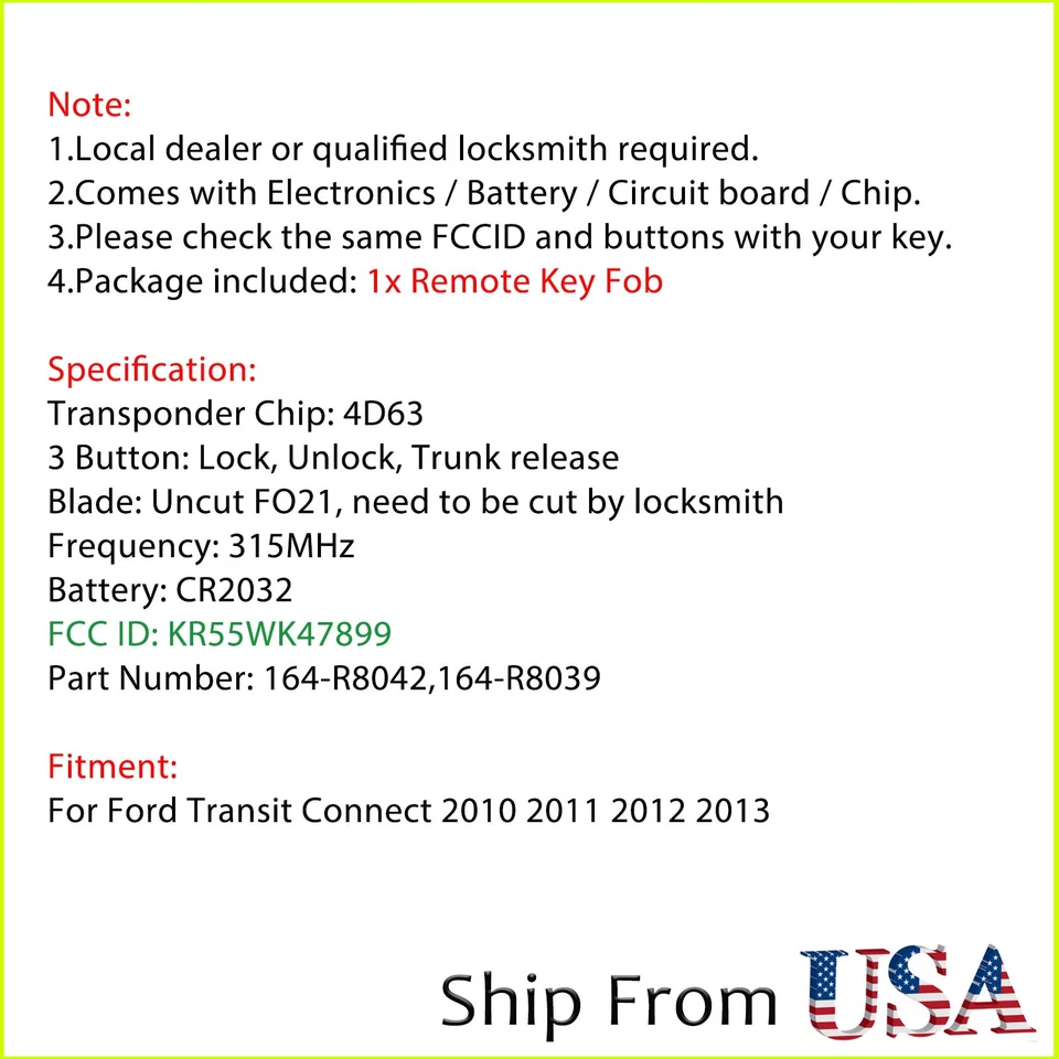 Reemplazo para Ford Transit Connect 2010 2011 2012 2013 mando a distancia llavero Foto 2 de 4
