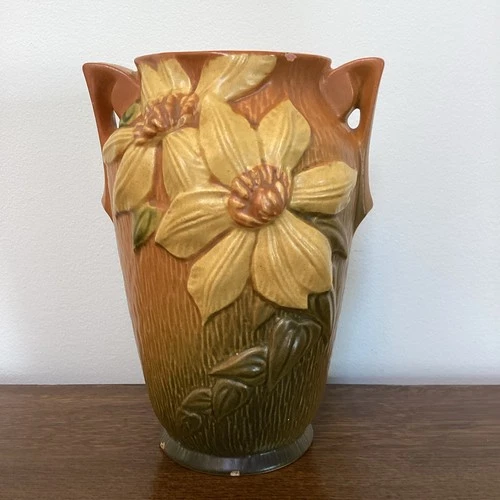 Roseville Art Pottery Orange/Brown Clematis Vase Double Handled #105-7 READ
