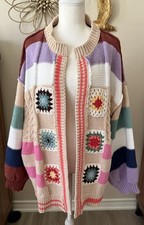 Crochet Granny Square Cardigan L Boho Colorblock NWT