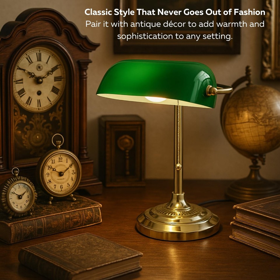 Traditional Banker’s Desk Lamp with Green Glass Shade and Brass Base ...