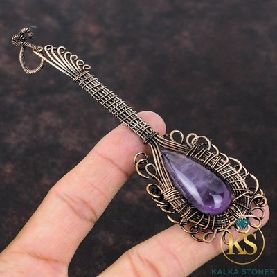Copper African Amethyst Gemstone Wife Guitar And Wire Wrapped Pendant Jewelry