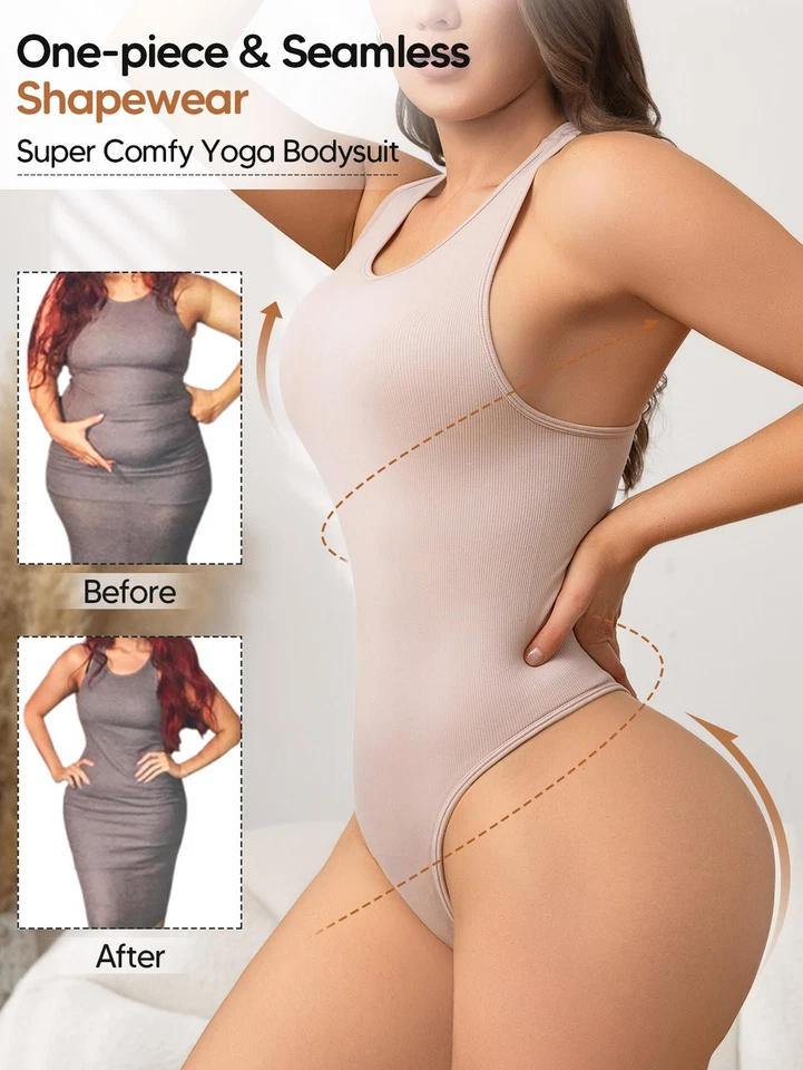 女士紧身衣无缝方领罗纹宽肩带性感丁字裤紧身衣 — 第 3/4 张图片