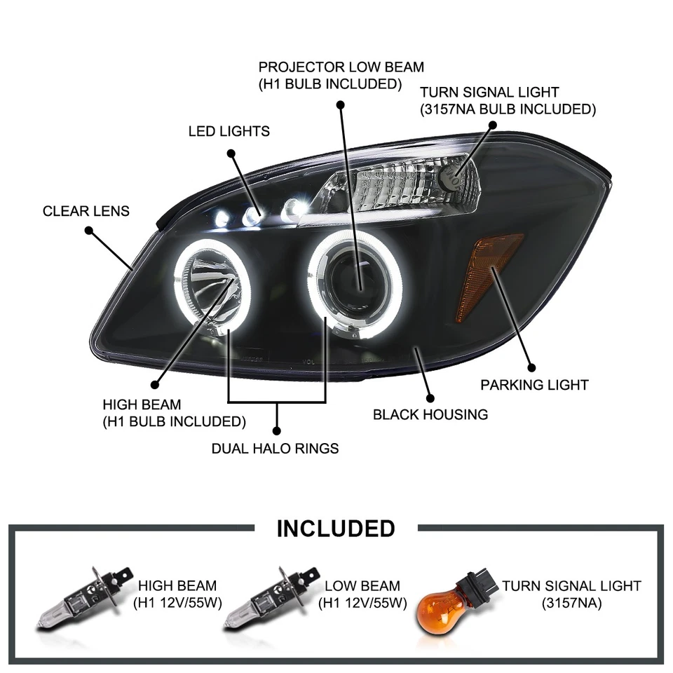 Black Fits 2005-2010 Chevy Cobalt 07-09 Pontiac G5 LED Halo Projector Headlights - Image 3 of 4