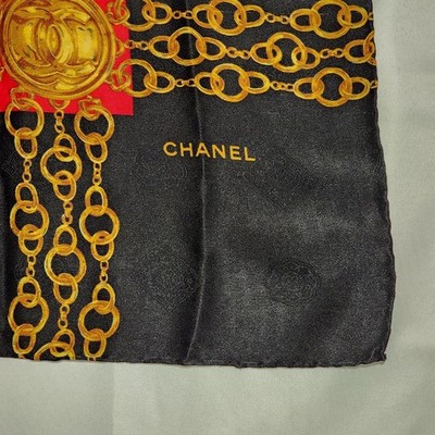 CHANEL Black Red Scarf Square Chain Medal Coco Mark Silk | eBay