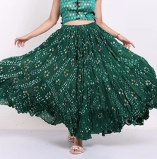 Women's Casual 25 Yard 4 Tier 100%  Cotton JAIPURI Gypsy Green Polka Dot Skirt