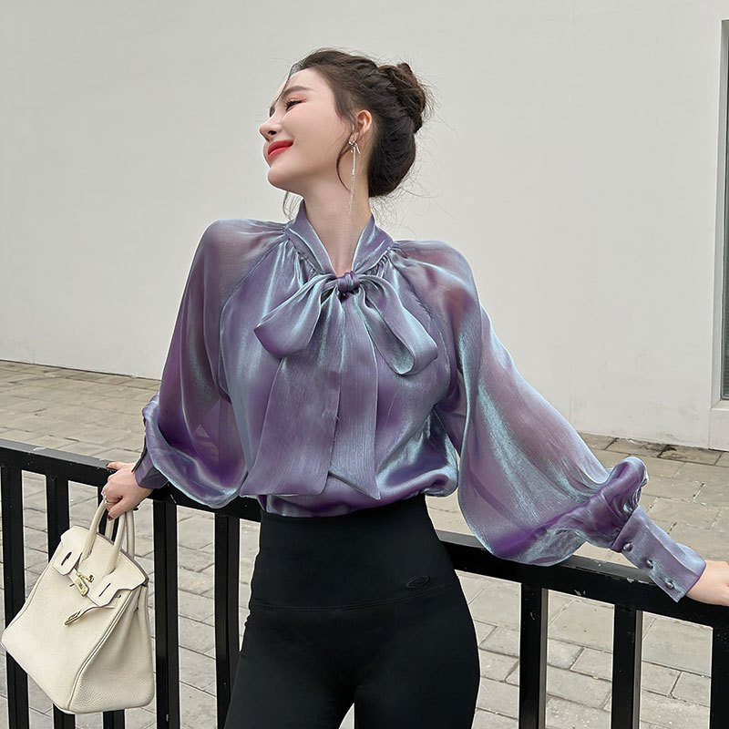 Women Long Sleeve Tulle Shirt Mesh Blouse Top Shiny Tie Up Women Long Sleeve Tulle Shirt Mesh Blouse Top Shiny Tie Up