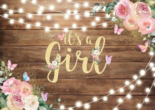 It's a Girl Backdrop Watercolor Pink Floral Butterfly Light Post Glitter Rustic - Foto 1 di 3