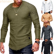 Men Long sleeve Pleated Raglan Muscle Tops Slim Casual Pullover T-shirt Blouse
