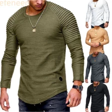 Men Long sleeve Pleated Raglan Muscle Tops Slim Casual Pullover T-shirt Blouse