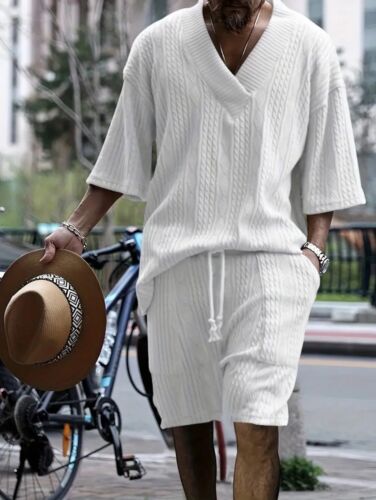 Men's Summer Outfit 2-Piece Set Short Sleeve Shirt & Shorts Set 5XL. White New