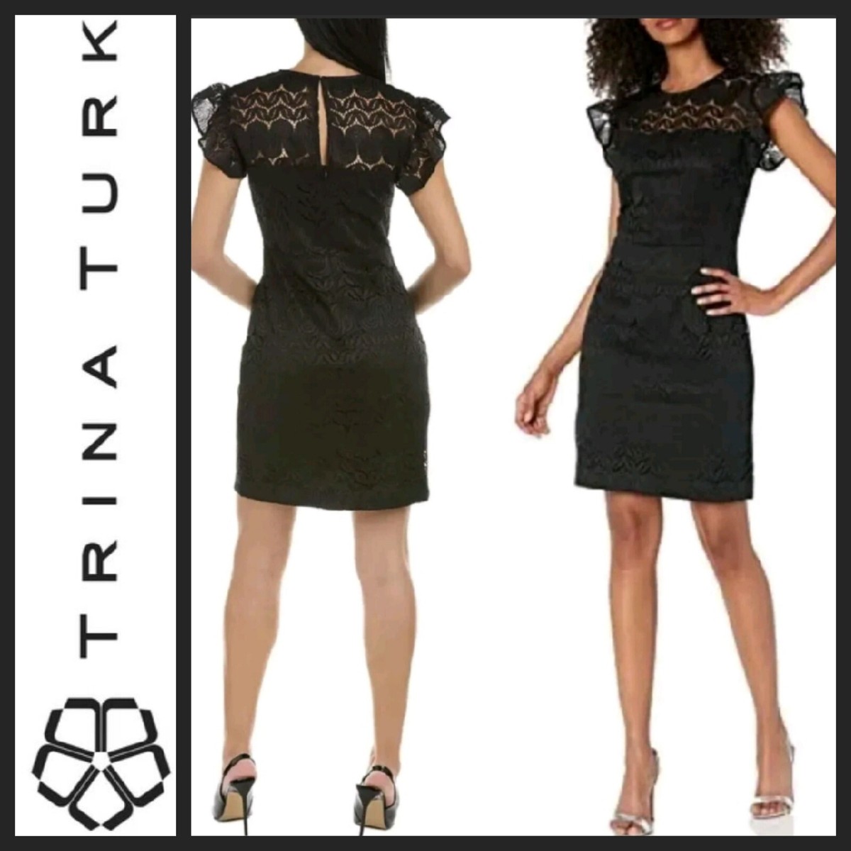 trina turk black lace dress Trina Turk Black Crochet Knit Sheath Dress With Cap Sleeves main image 0