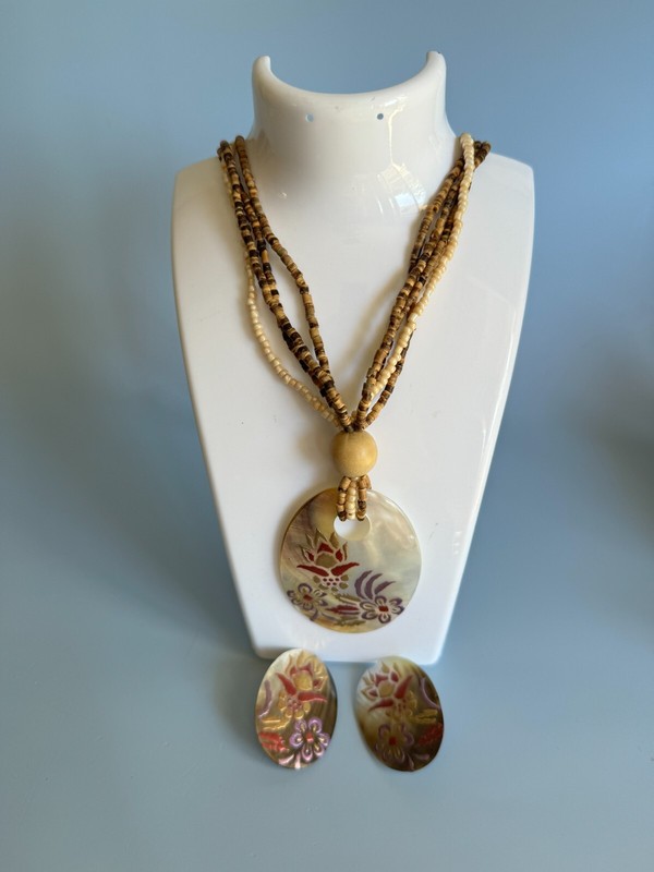 Hand Crafted Artisan Abalone Shell Floral Embossed Necklace and Clip on Earrings