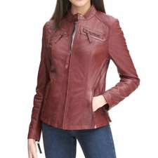 Ladies Real Leather Jacket Zip Up Cherry Red Biker Outwear Tops Short Slim Coat