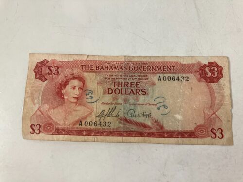 1965 $3 Dollar Note Bahamas Government, P-19, A-Prefix LOW SERIAL NUMBER